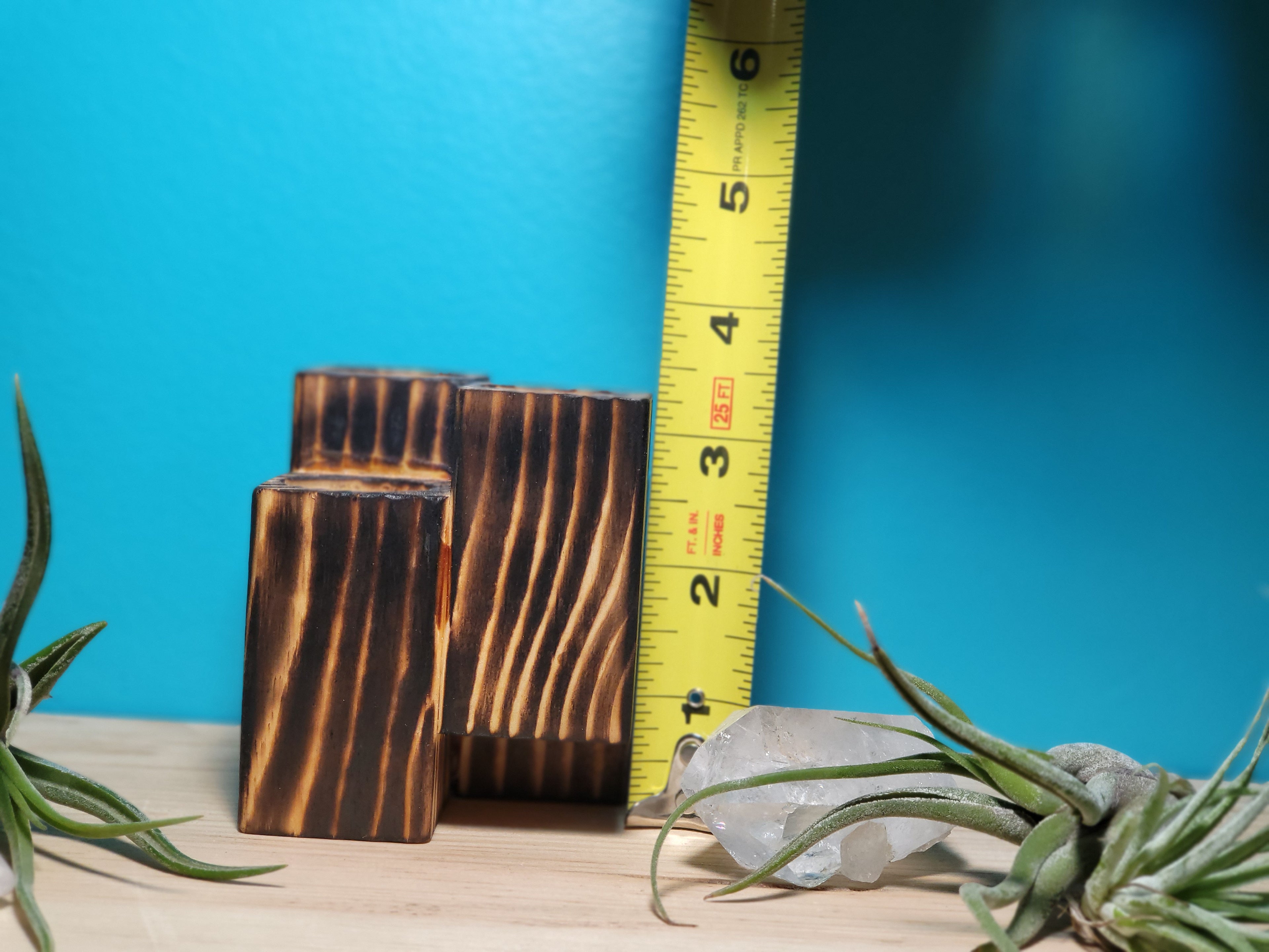 Airplant wooden block with measuring tape against a blue background.