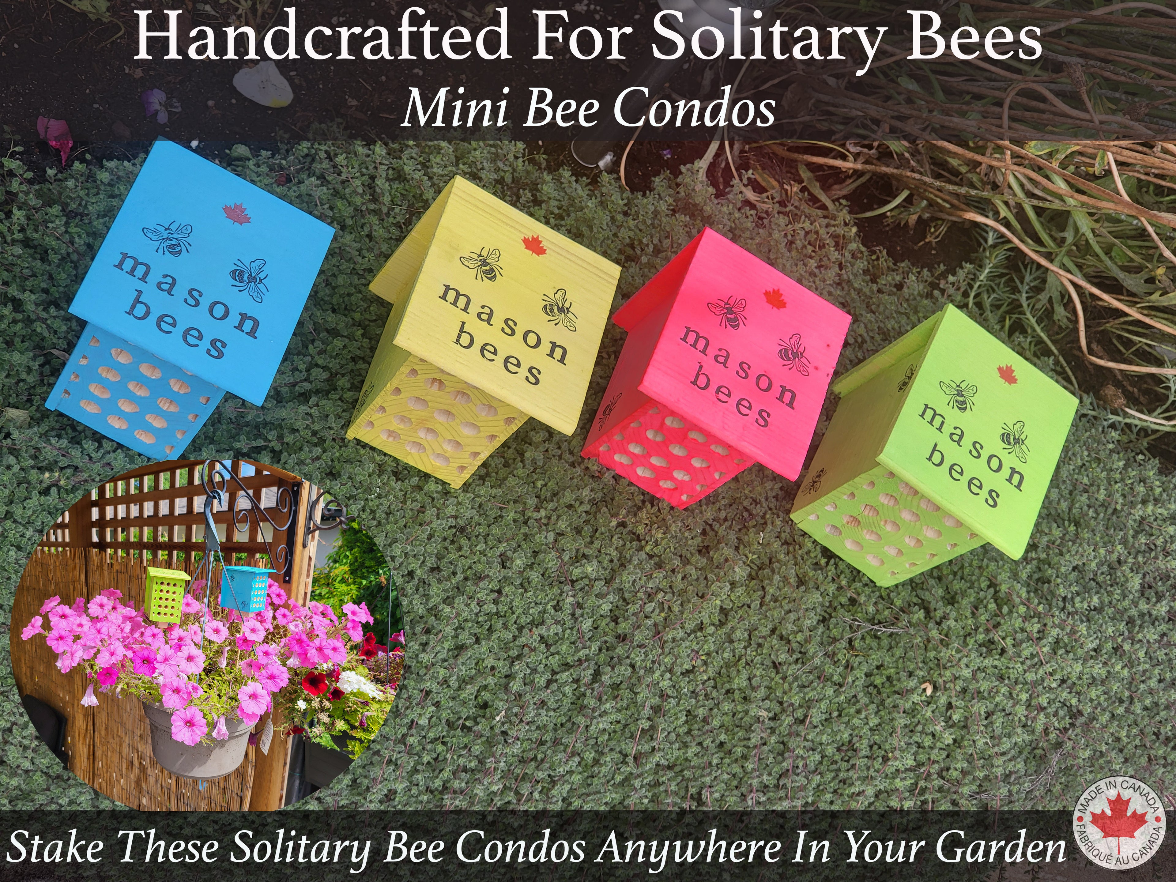 100% handmade in Canada. Every nesting hole is manually drilled for bee safety. Hand-stamped and painted 4-pack pollinator set. Premium garden art.