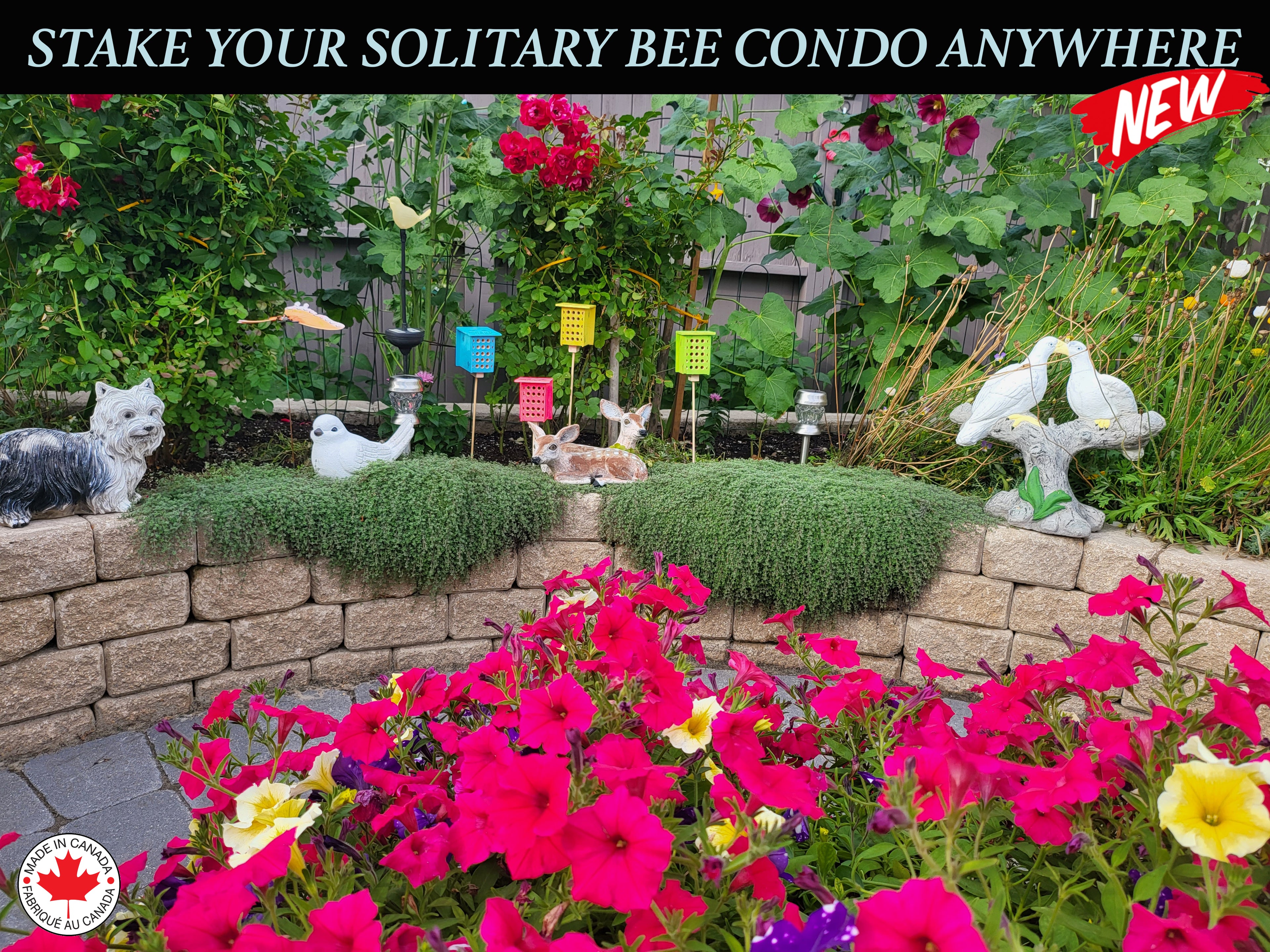 100% handmade in Canada. Every nesting hole is manually drilled for bee safety. Hand-stamped and painted 4-pack pollinator set. Premium garden art.