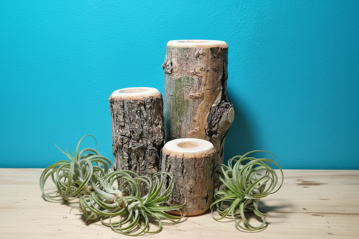 Set of three handmade Canadian wood airplant holders with green Tillandsia plants.