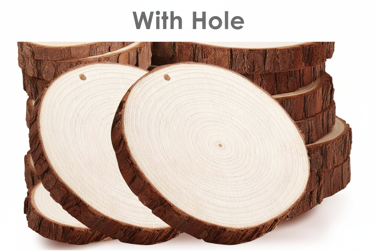 Unfinished natural Canadian wood slice, 0.5" thick with authentic bark-on edges and smooth-sanded face showing organic growth rings, ideal for DIY crafts and retail displays.